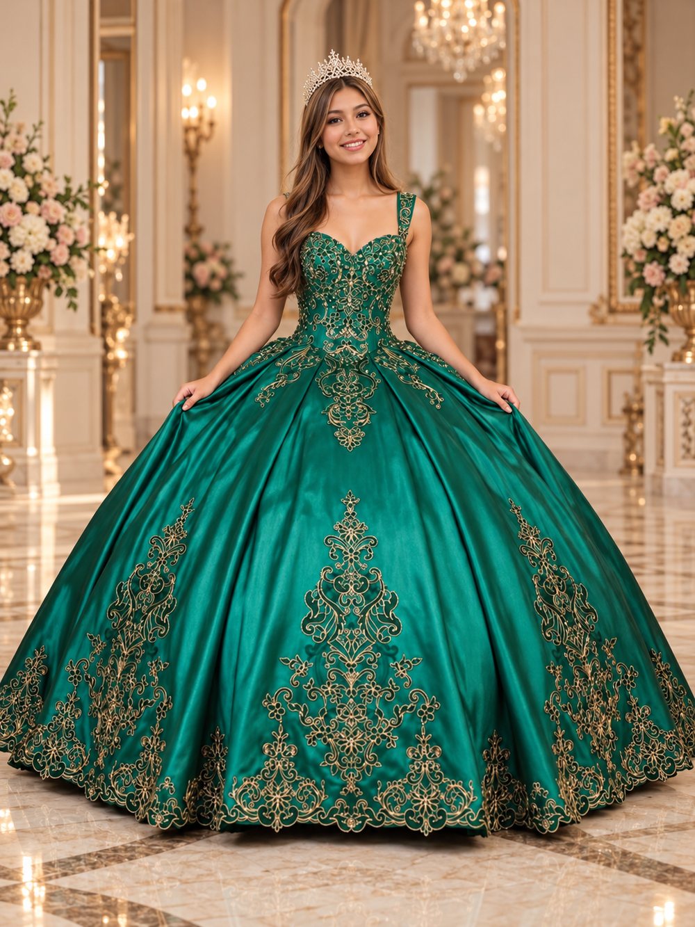 Vestido de XV años verde esmeralda con bordado dorado