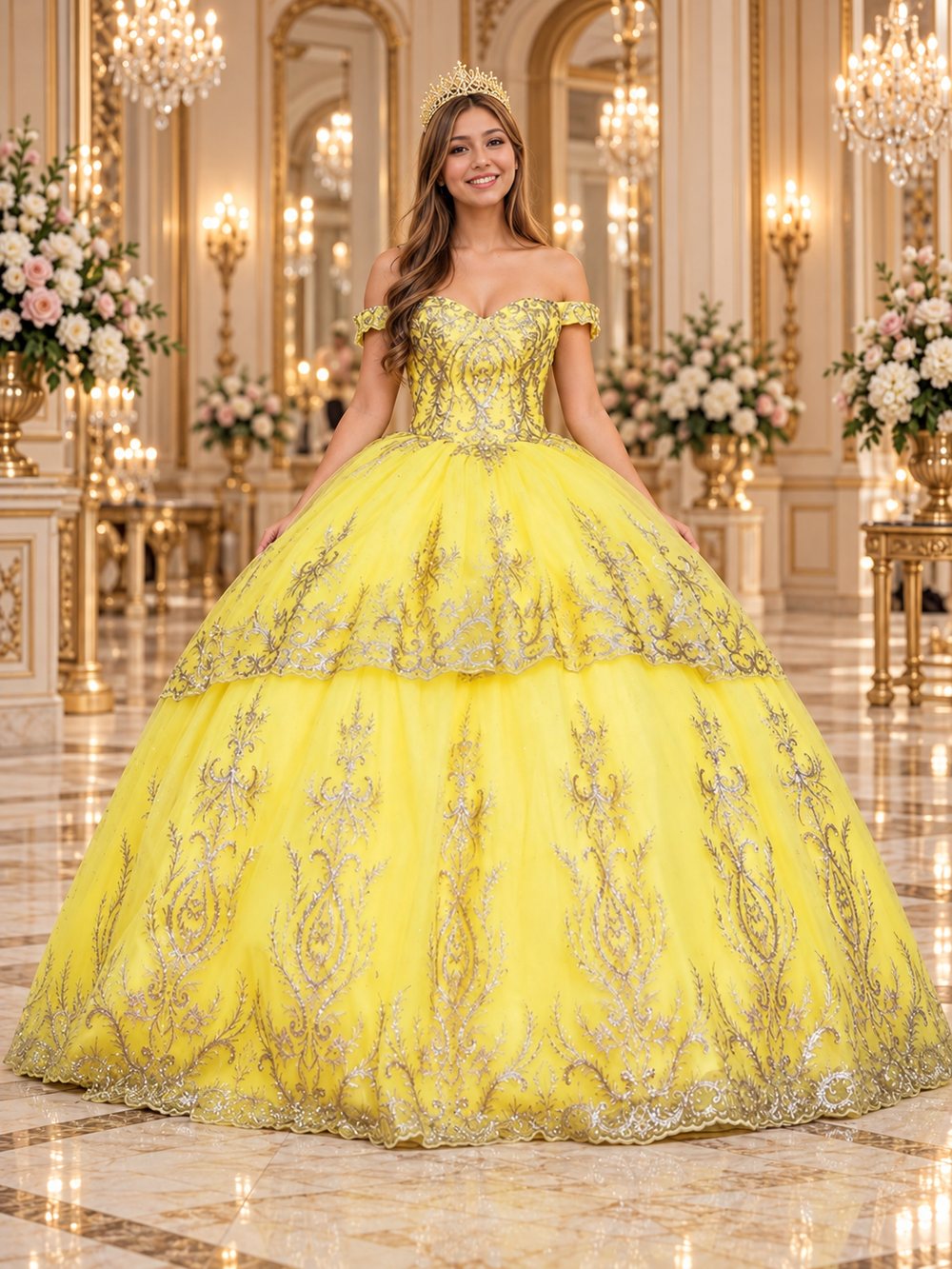Vestido de XV años amarillo con bordado dorado