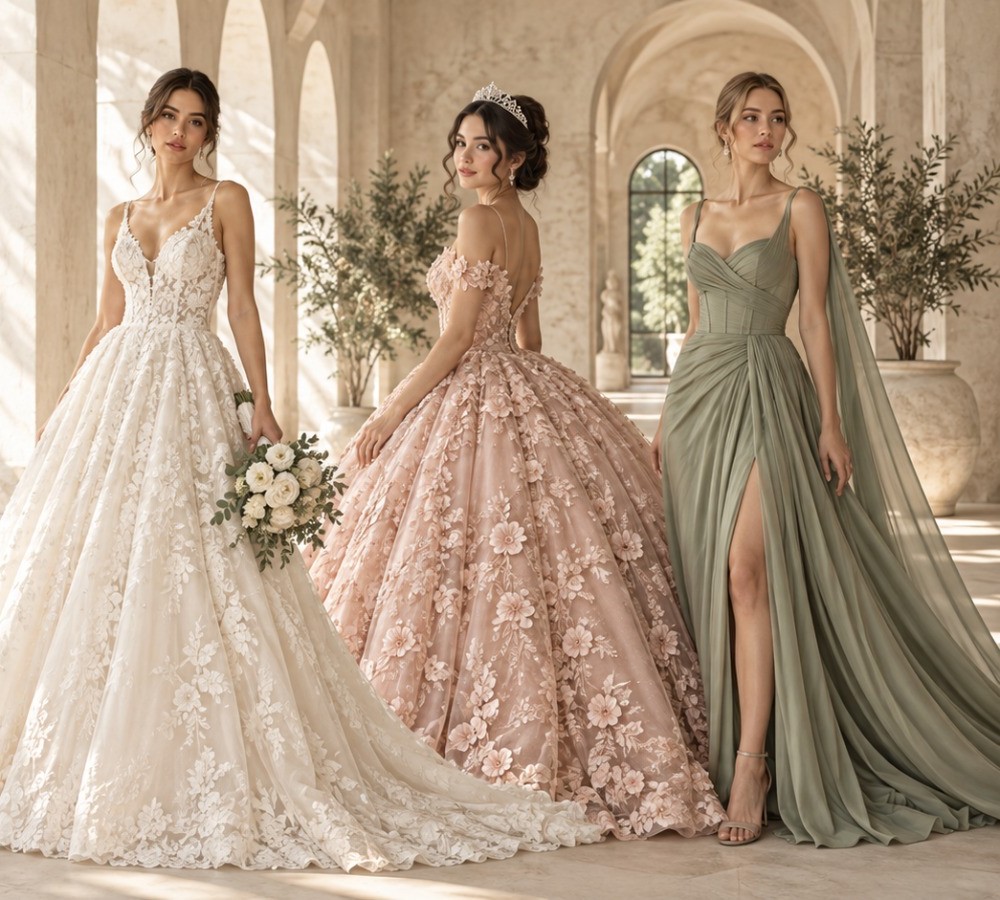 Tres piezas de NH MAISON: novia, XV años y gala